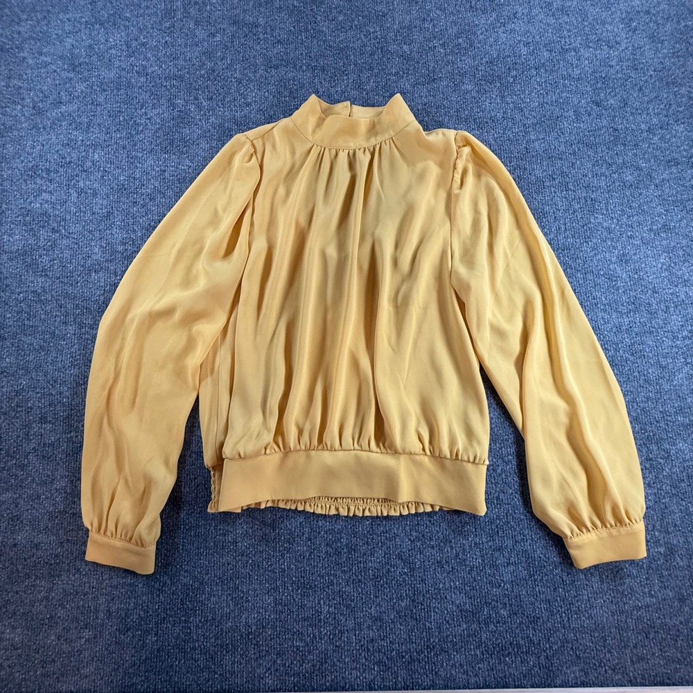 Mustard Yellow Mock Neck Blouse Long Bishop Sleeve Smocked Hem Back Cutout Top